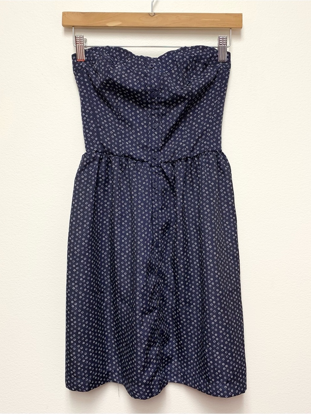 Gap Y2K Strapless Polka Dot Mini Dress Size XS Blue Button Front Fit and Flare
